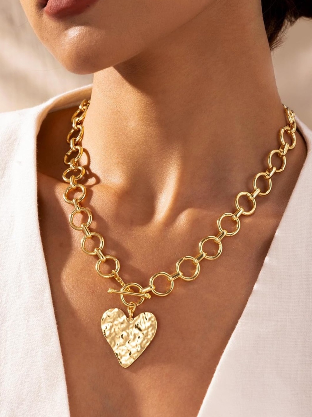 14K Gold Plated Hammered Heart Toggle Necklace